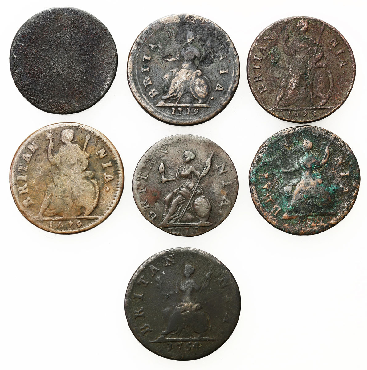 Wielka Brytania. Farthing 1673-1775, zestaw 7 monet